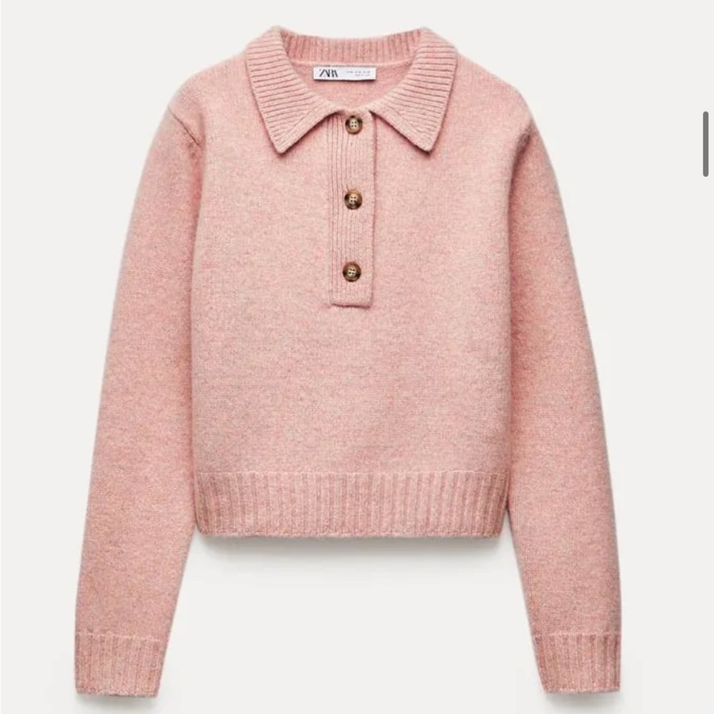 Zara Soft Pink Knit Polo Sweater with Buttons - Picture 2 of 8